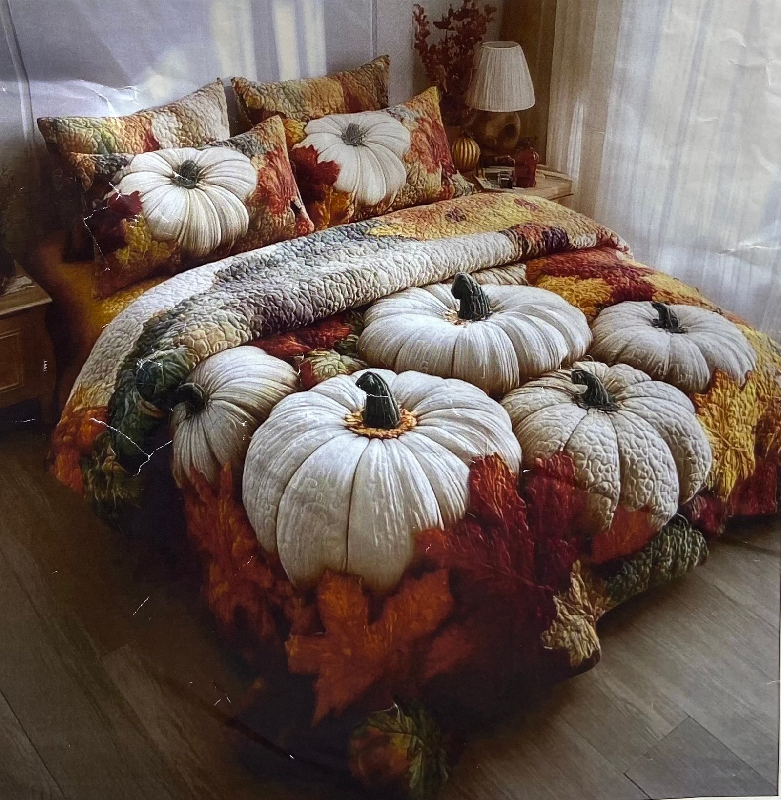 7D Bedsheet  | Autumn Harvest Pumpkin Patch Quilt Bedding Set |   Features vibrant 3D pumpkin prints, plush comfort, and seasonal charm. | With Pillow covers | 9/9 ft KING SIZE