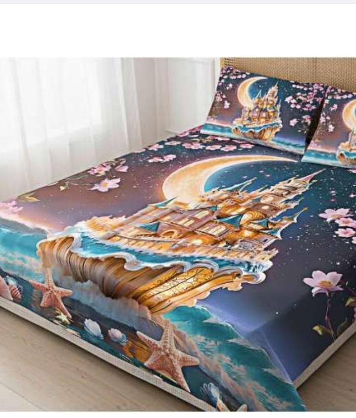 3D Fantasy Castle , Crescent Moon Printed Bed Comforter Set |  golden fairytale castle |