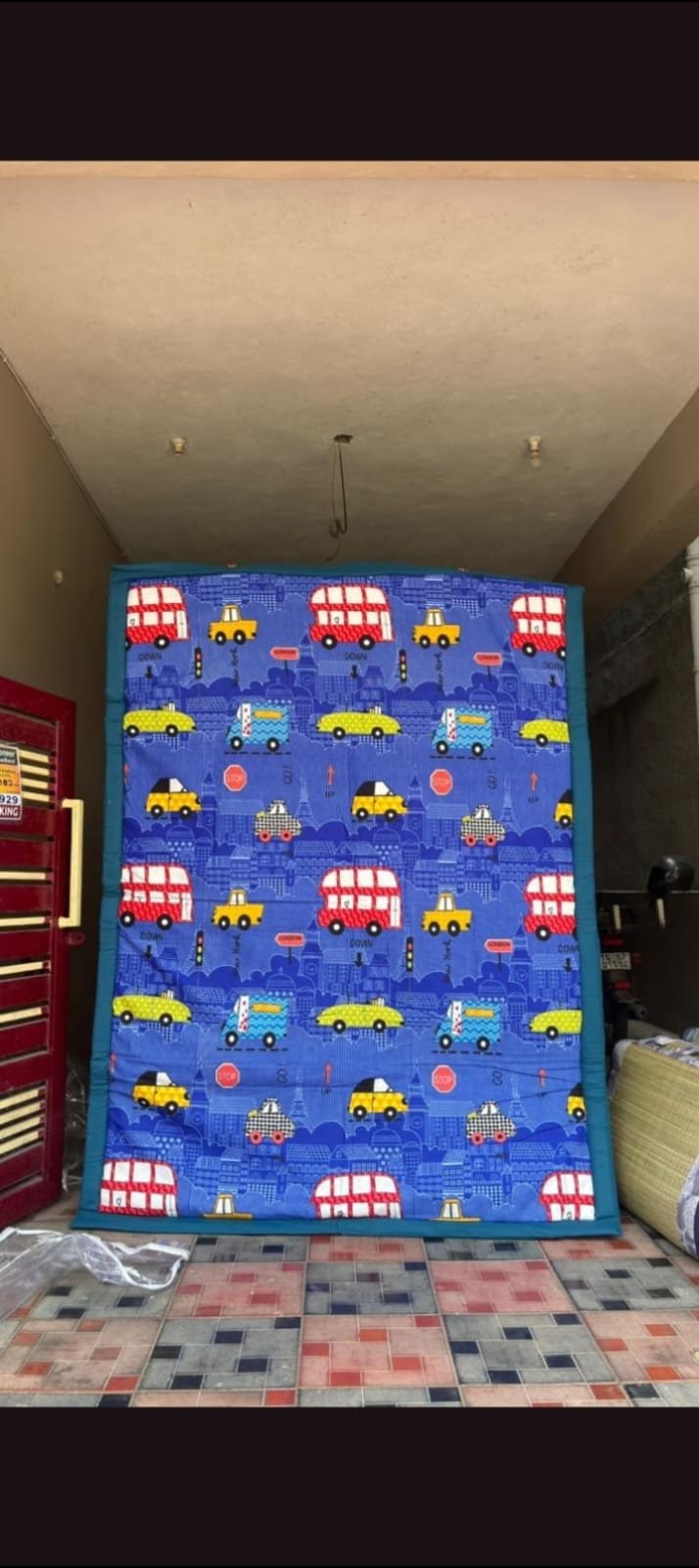 Cloth-Backed Korai Grass Sleeping Mat | London Bus Print | South Indian craftsmanship | Size 6/7 FT | 100% ECO-FRIENDLY |