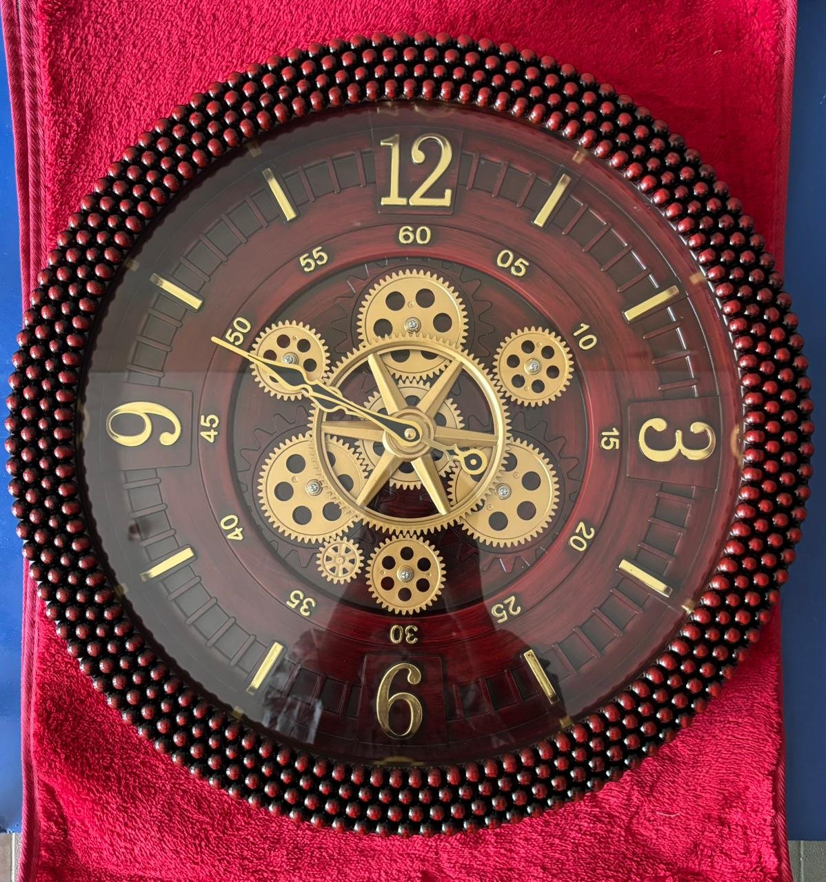Vintage Steampunk Moving Gear Wall Clock | Brown Beaded Frame |  rich mahogany-toned backdrop | Perfect for living rooms, executive offices, hallways, or dining areas | SIZE 20X20 IN | WITH 1 YEAR WAR