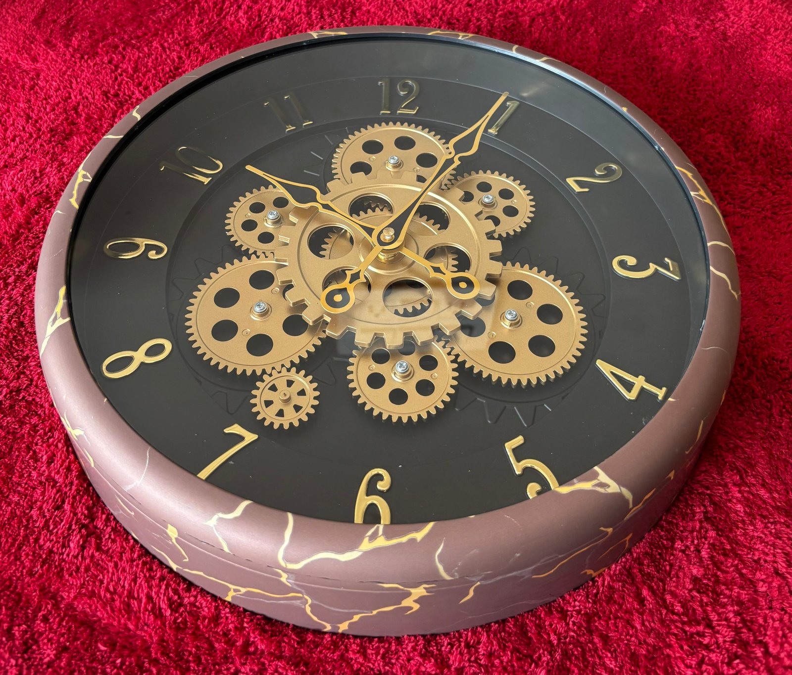 Vintage Steampunk Moving Gear Wall Clock with Wooden Frame | Marble golden lines style | Rich black dial adorned with classic gold numerals | | Size - 14X14 IN | WITH 1 YEAR WARRANTY |