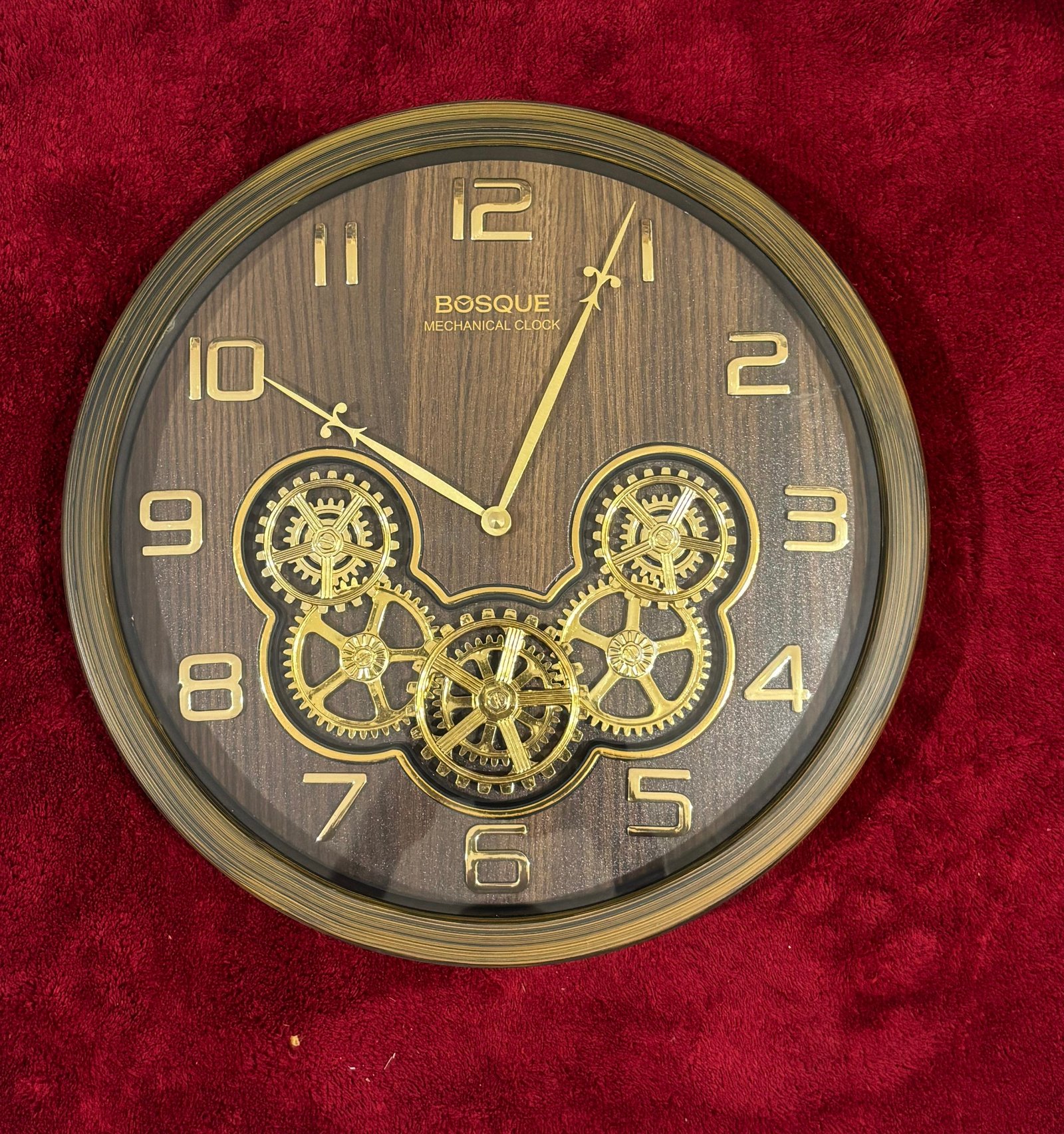Bosque Mechanical Vintage Wall Clock with Gold Gear Accents |  | gold 3D numerals | | Size - 14X14 IN | WITH 1 YEAR WARRANTY |