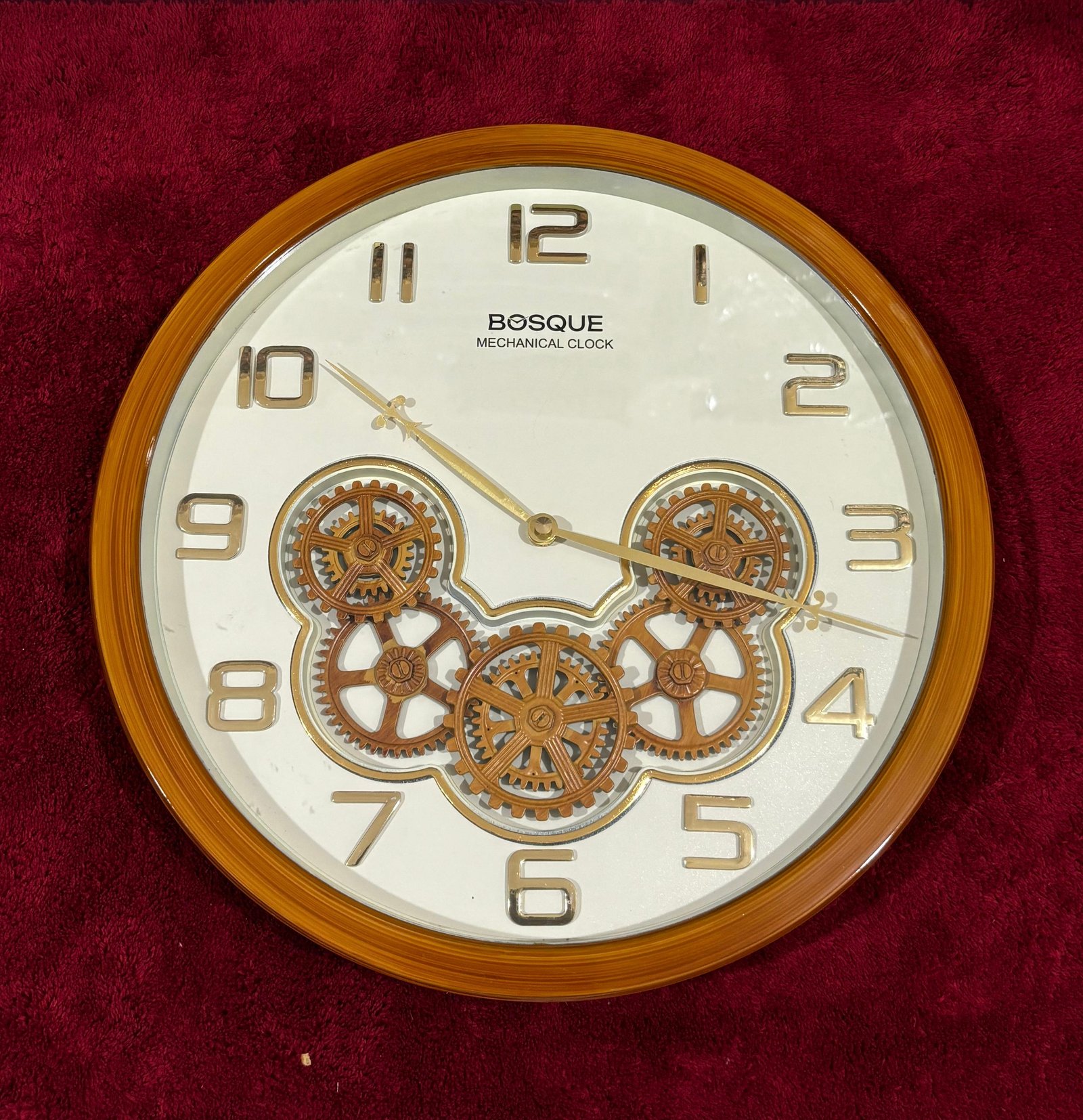 Bosque Mechanical Gear Wall Clock with Wooden Frame | gold 3D numerals | | Size - 14X14 IN | WITH 1 YEAR WARRANTY |