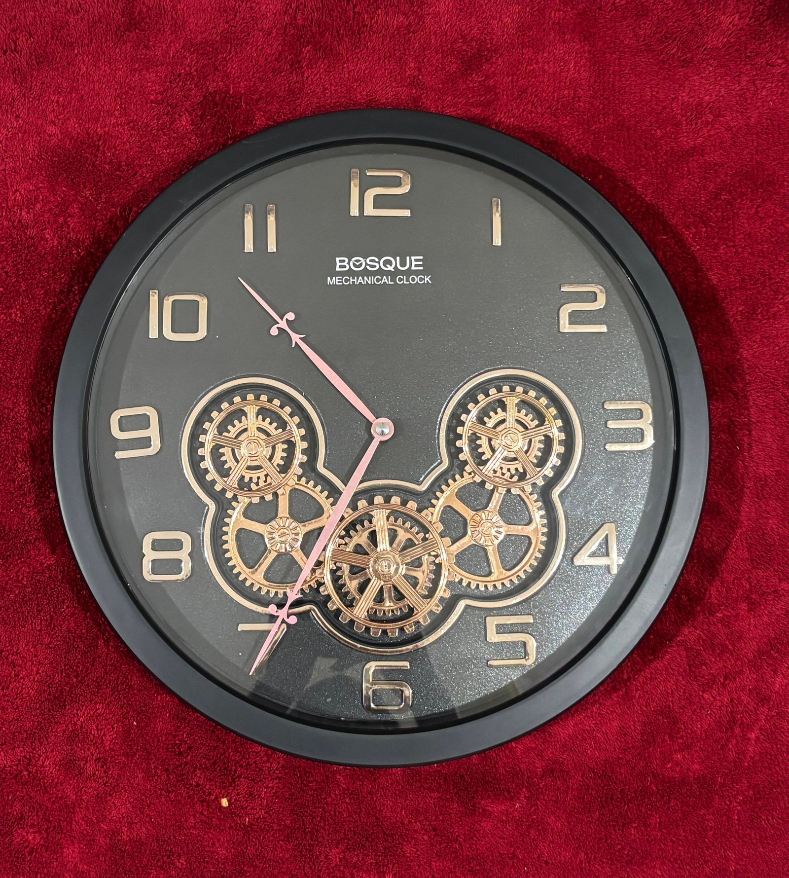 BOSQUE Mechanical Gear Decorative Wall Clock in Black and Rose Gold | sleek matte black outer frame  | Size - 14X14 IN | WITH 1 YEAR WARRANTY |