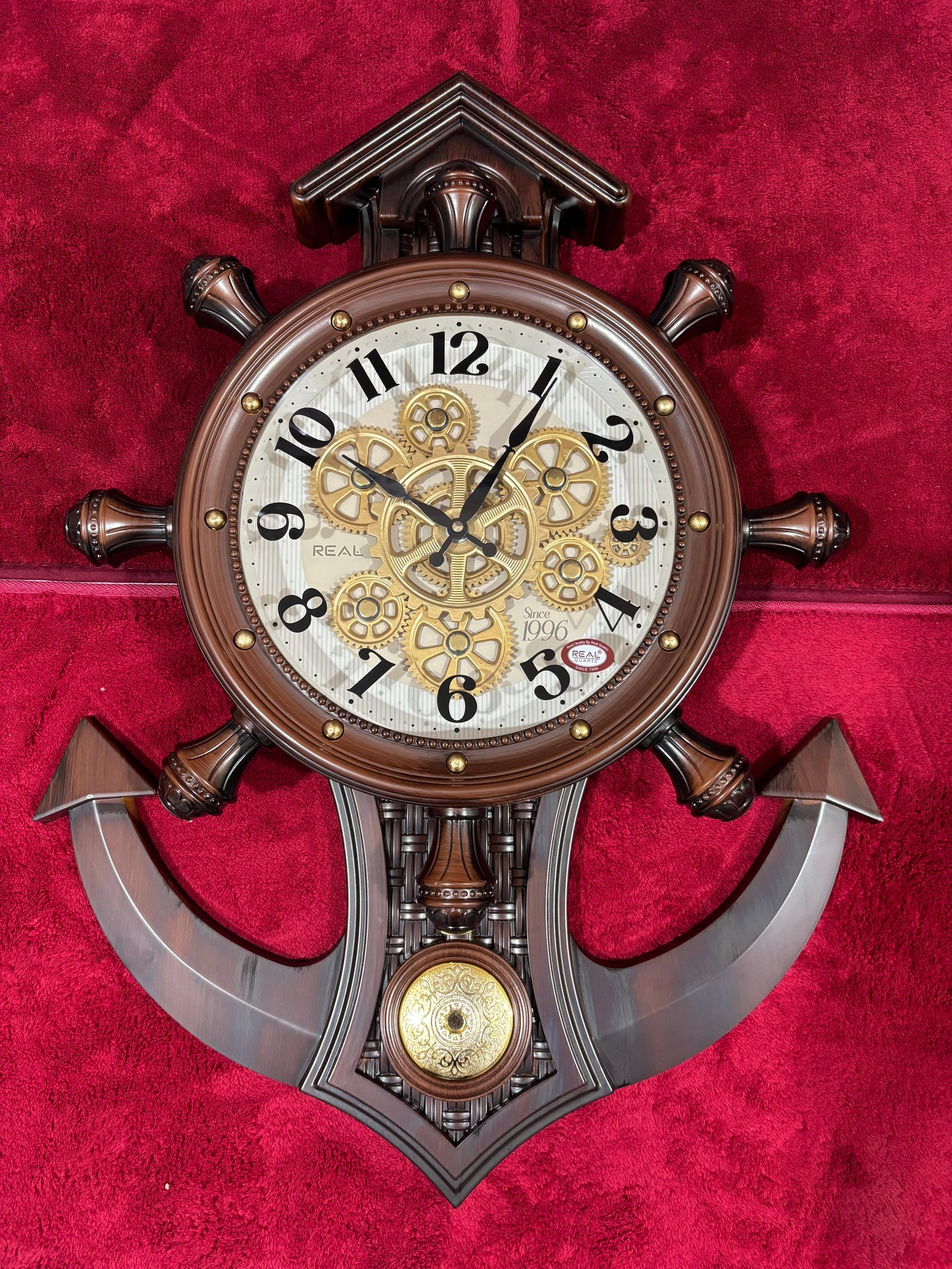 Vintage Nautical Anchor and Ship Wheel Wall Clock with Gear Dial | Bold numerals | warm wood-and-bronze finish - WHITE -dial | Size - 26X14 IN | WITH 1 YEAR WARRANTY |