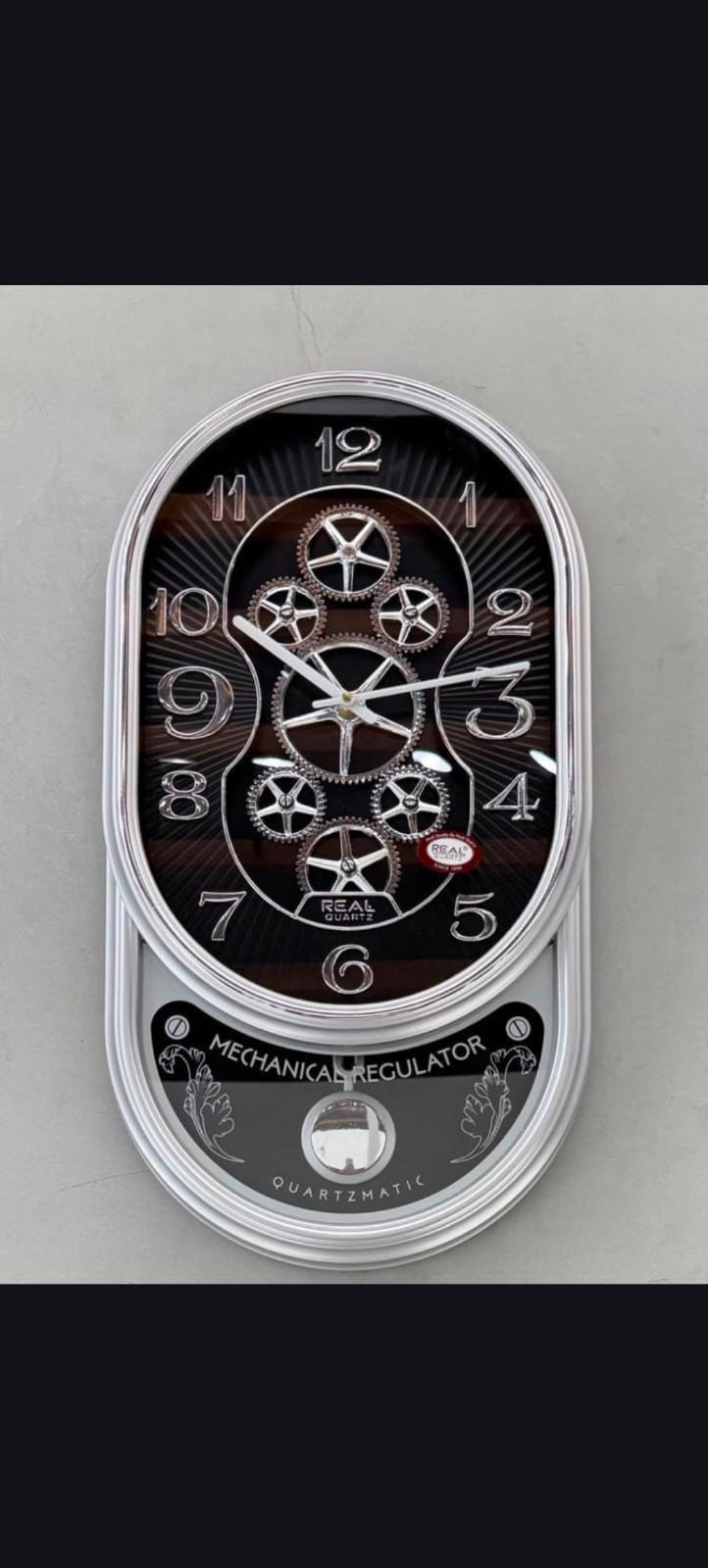 Real Quartz Silver | Oval Mechanical Regulator | Pendulum Wall Clock| Elevated silver 3D numerals  |  Size - 26X14 IN | WITH 1 YEAR WARRANTY |
