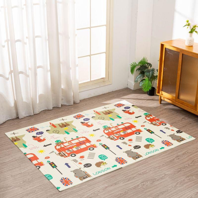 London City Theme Foldable Baby Play Mat -  | Waterproof Floor Cushion | Red double-decker buses | 5X6 FT SIZE