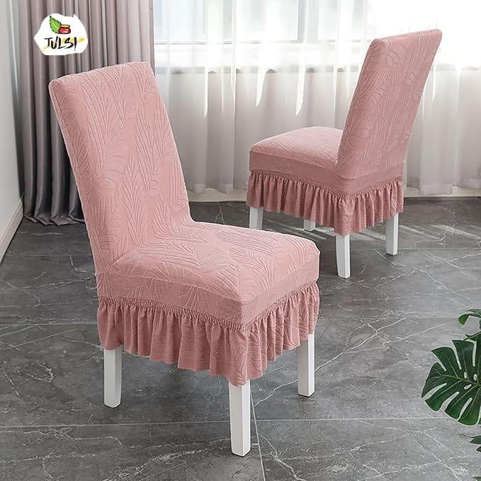 Tulsi Dusty Pink Jacquard Ruffled Chair Cover Set of 6| FRILL CHAIR COVERS (6 PIECES)