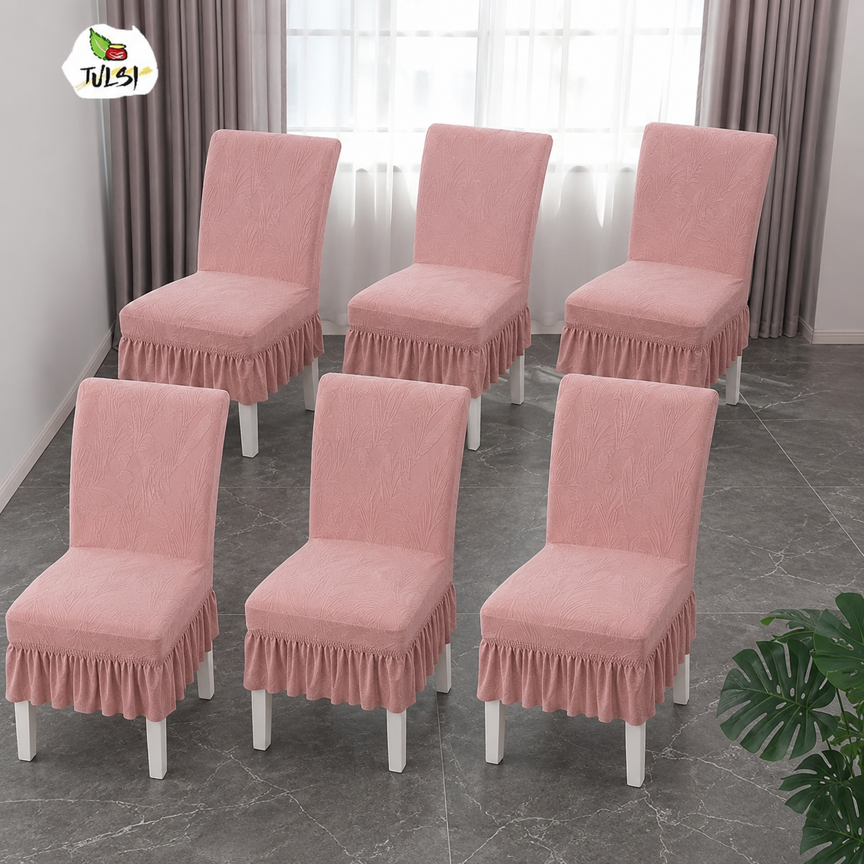 Tulsi Dusty Pink Jacquard Ruffled Chair Cover Set of 6| FRILL CHAIR COVERS (6 PIECES) — image 2