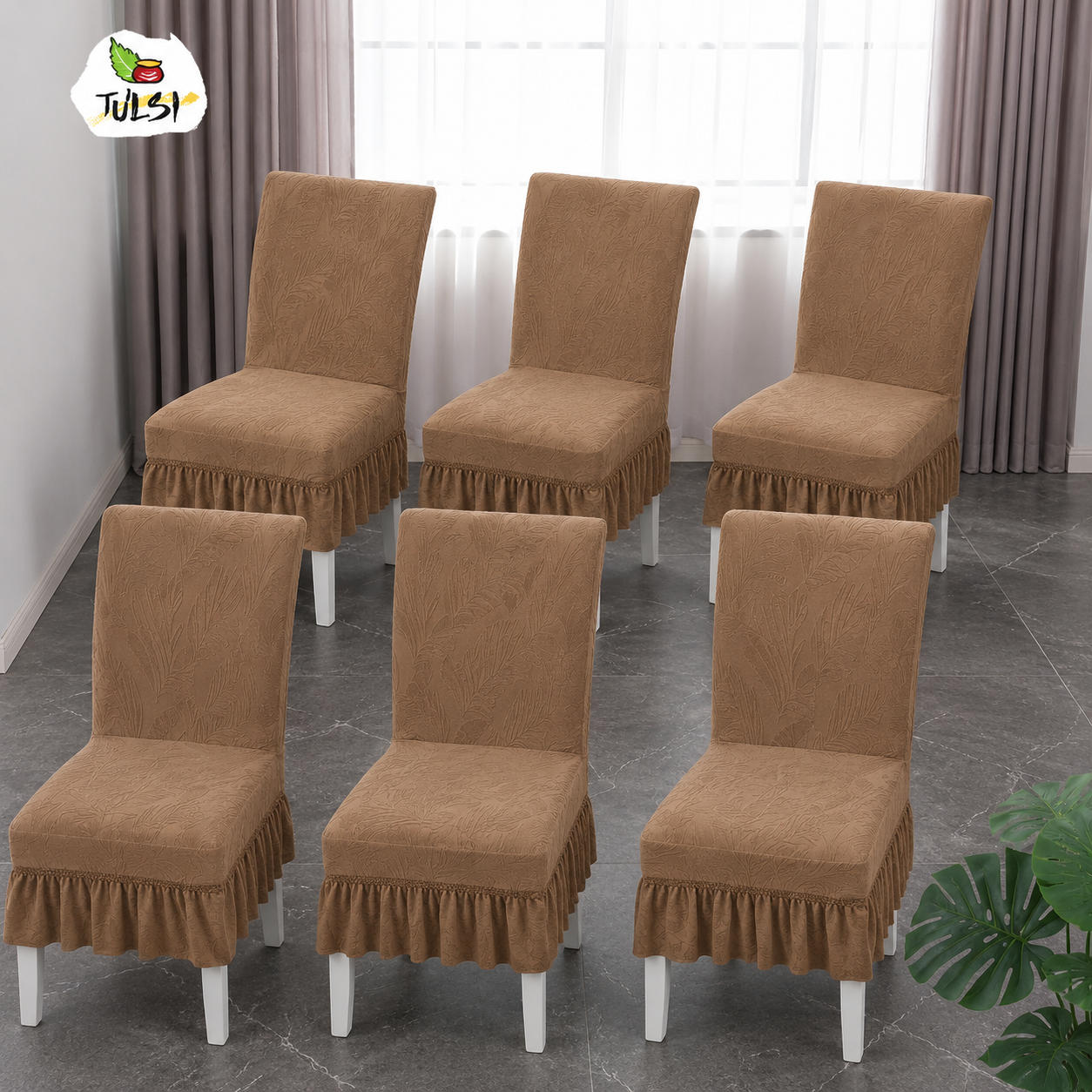 Brown Jacquard Stretch Dining Chair Covers Set of 6 with Ruffle |FRILL CHAIR COVERS (6 PIECES) — image 2