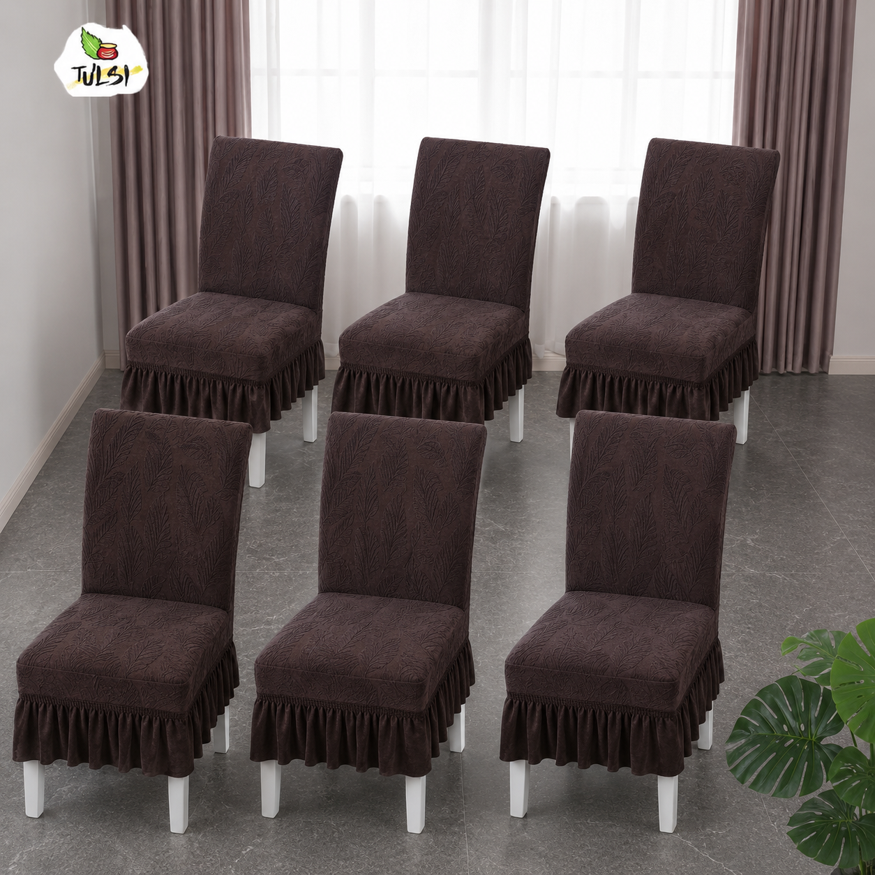 Tulsi Elasticated Jacquard Dining Chair Covers with Ruffle - Set of 6 | FRILL CHAIR COVERS (6 PIECES) — image 2