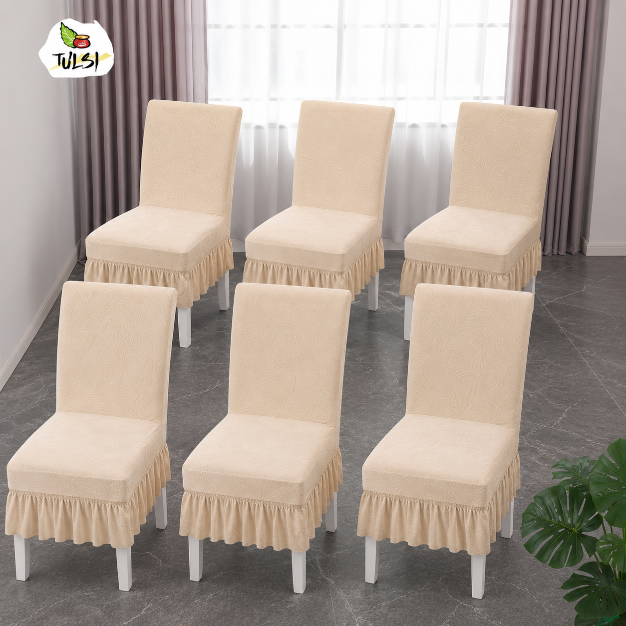 Tulsi Beige Ruffled Stretchable Dining Chair Covers Set of 6 | FRILL CHAIR COVER SET (6 PIECES) — image 2