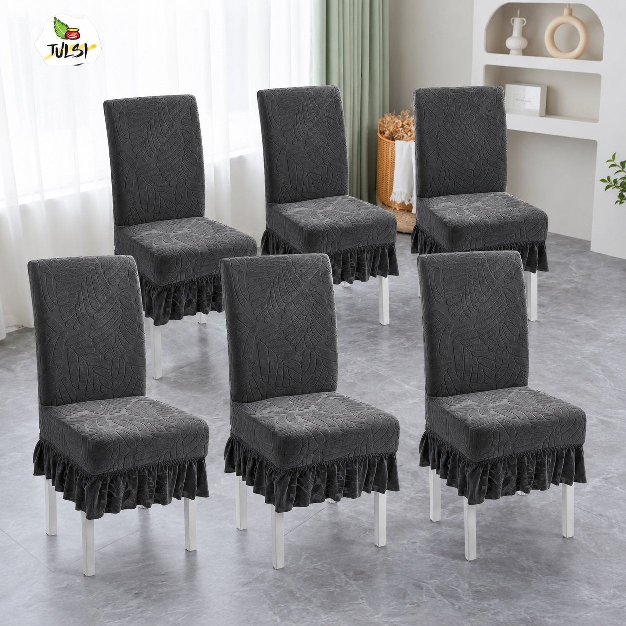 Tulsi Dark Grey Jacquard Leaf Dining Chair Covers with Ruffled Skirt - Set of 6 | FRILL CHAIR COVERS (6 PIECES) — image 2