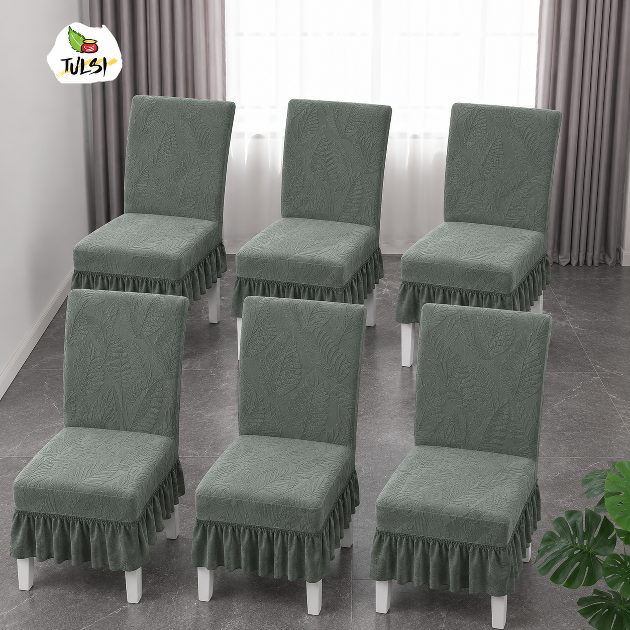 Leaf Patterned | serene olive green tone | Dining Chair Covers with Ruffle - Set of 6 | FRILL CHAIR COVERS (6 PIECES) — image 2