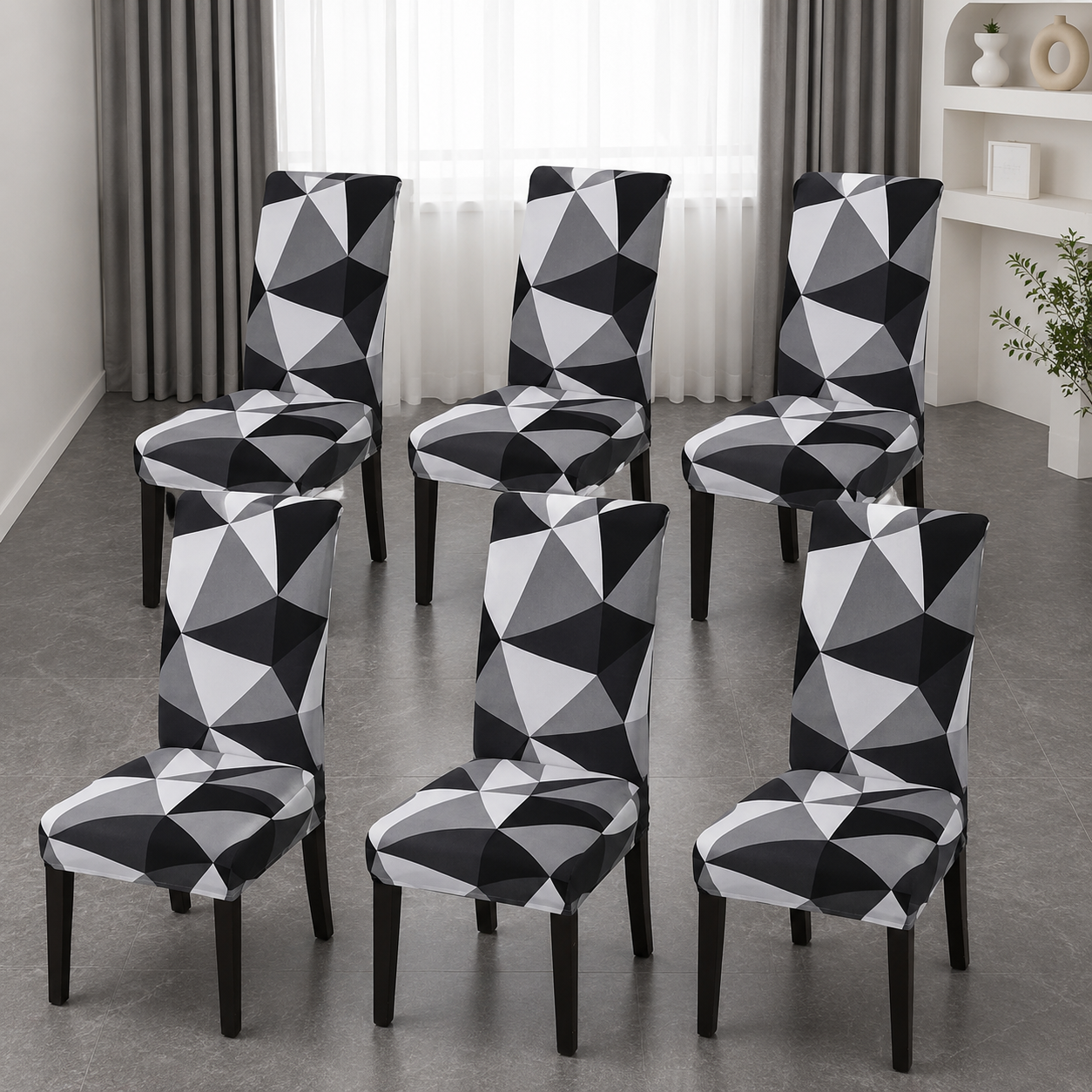 Modern Geometric Printed | striking black, grey, and white triangular pattern | Stretch Dining Chair Covers Set of 6 | CHAIR COVERS (6 PIECES) — image 2