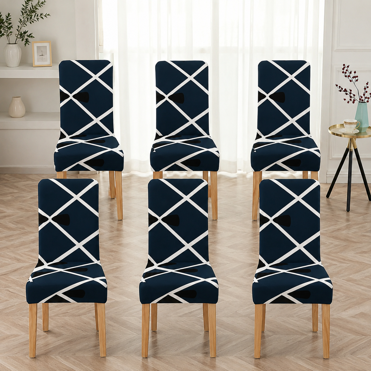 Geometric Navy Blue Stretch Dining Chair Slipcovers - Set of 6 | CHAIR COVERS (6 PIECES) — image 2