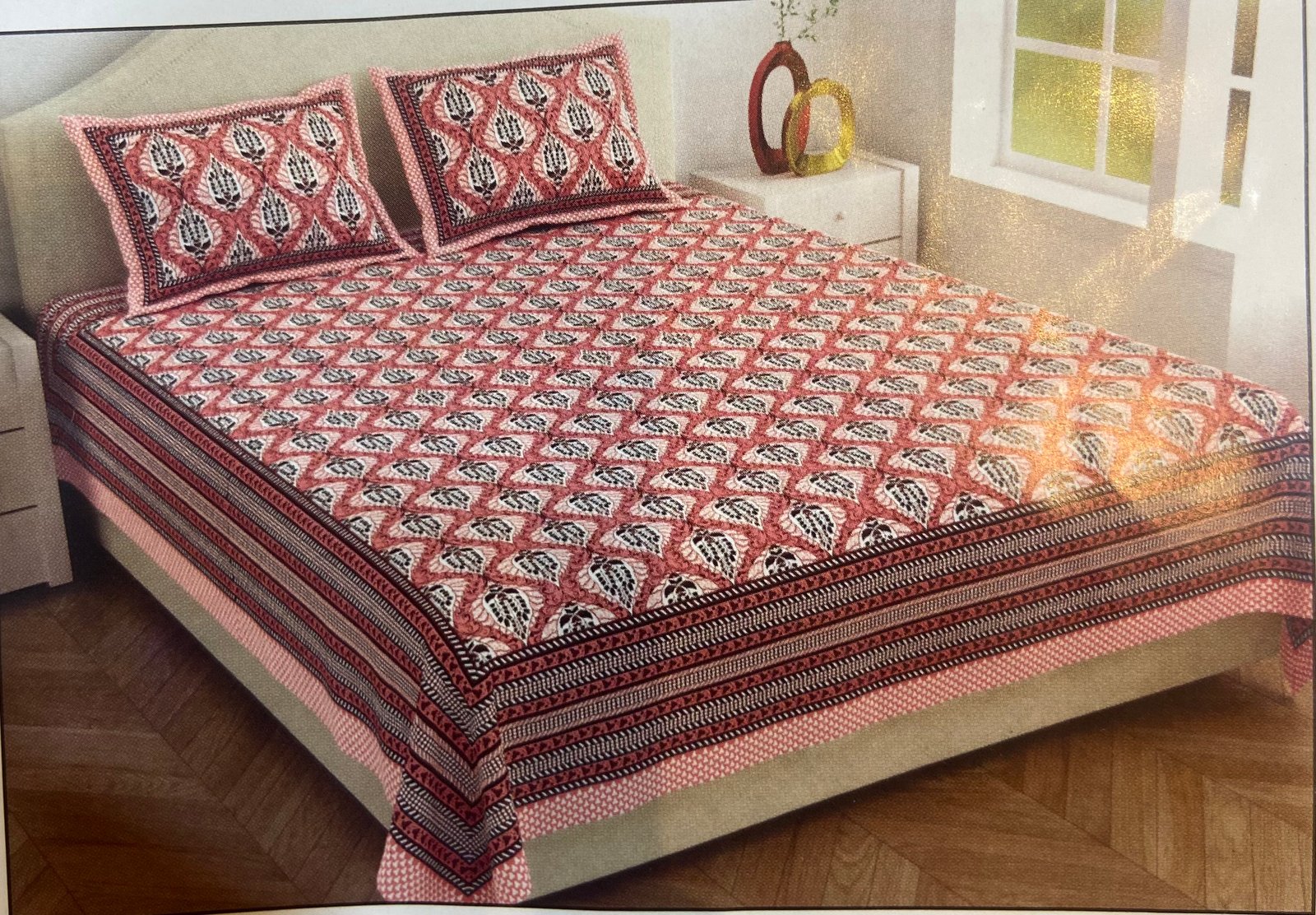 Traditional Leaf Block Print Cotton Bed Sheet Set with Pillow Covers |Jaipur cotton bedsheets | 7/8 FT | (WITH 2 PILLOW COVERS )