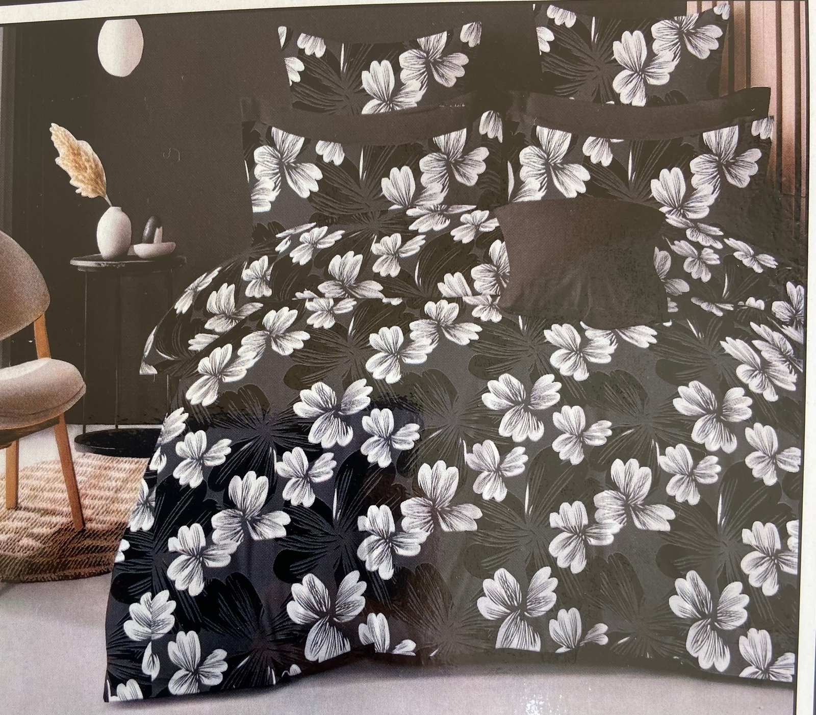 Monochrome Tropical Floral Duvet Cover Set | Grey | stone black | | 7/8 FT | (WITH 2 PILLOW COVERS ) / HIGH QUALITY / BEST OFFER :- 1199 (3 BEDSHEETS + 6 PILLOW COVERS )