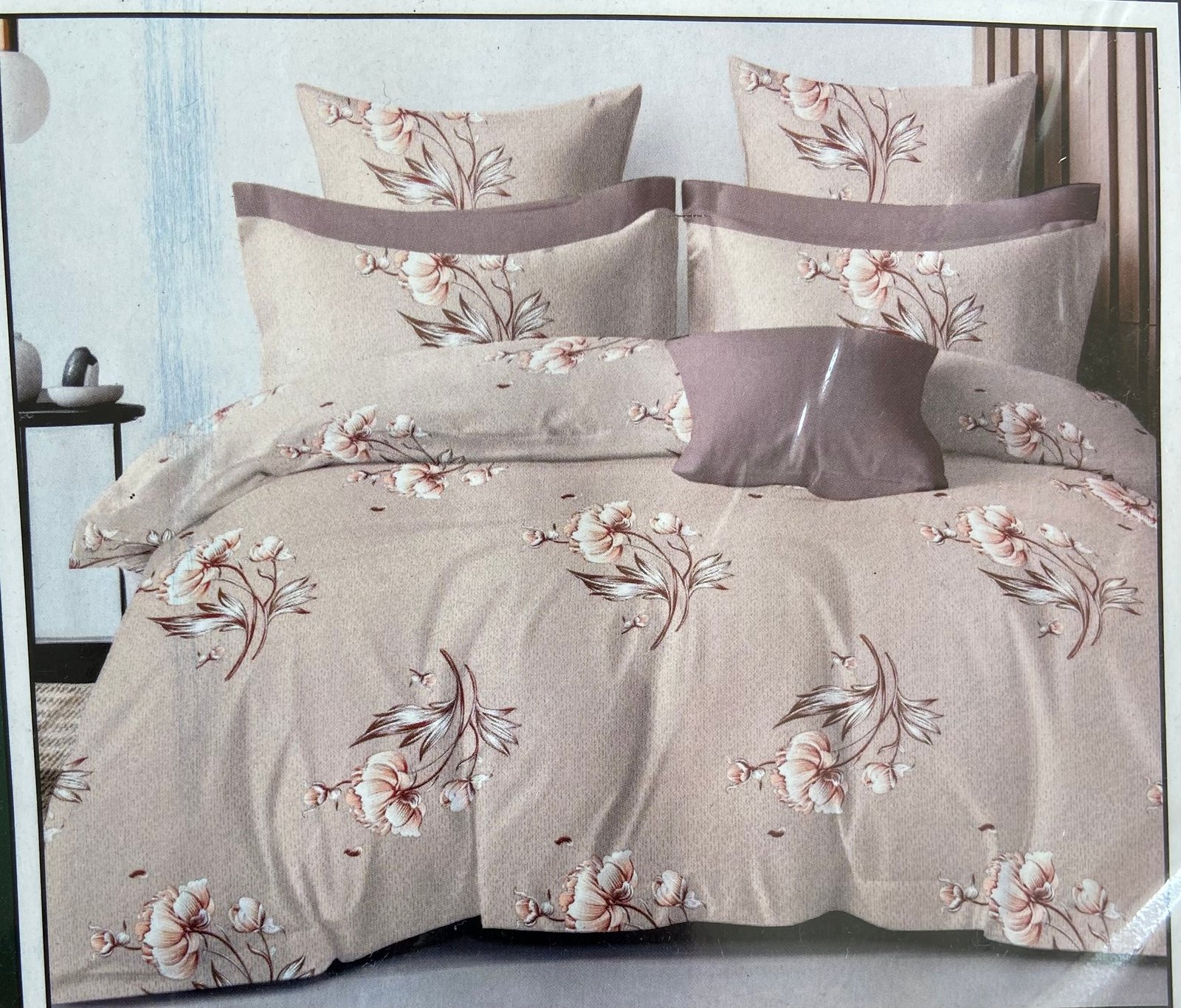 Elegant Taupe  Floral Print, Bedding Set with Pillowcases | 7/8 FT | (WITH 2 PILLOW COVERS ) / HIGH QUALITY / BEST OFFER :- 1199 (3 BEDSHEETS + 6 PILLOW COVERS )