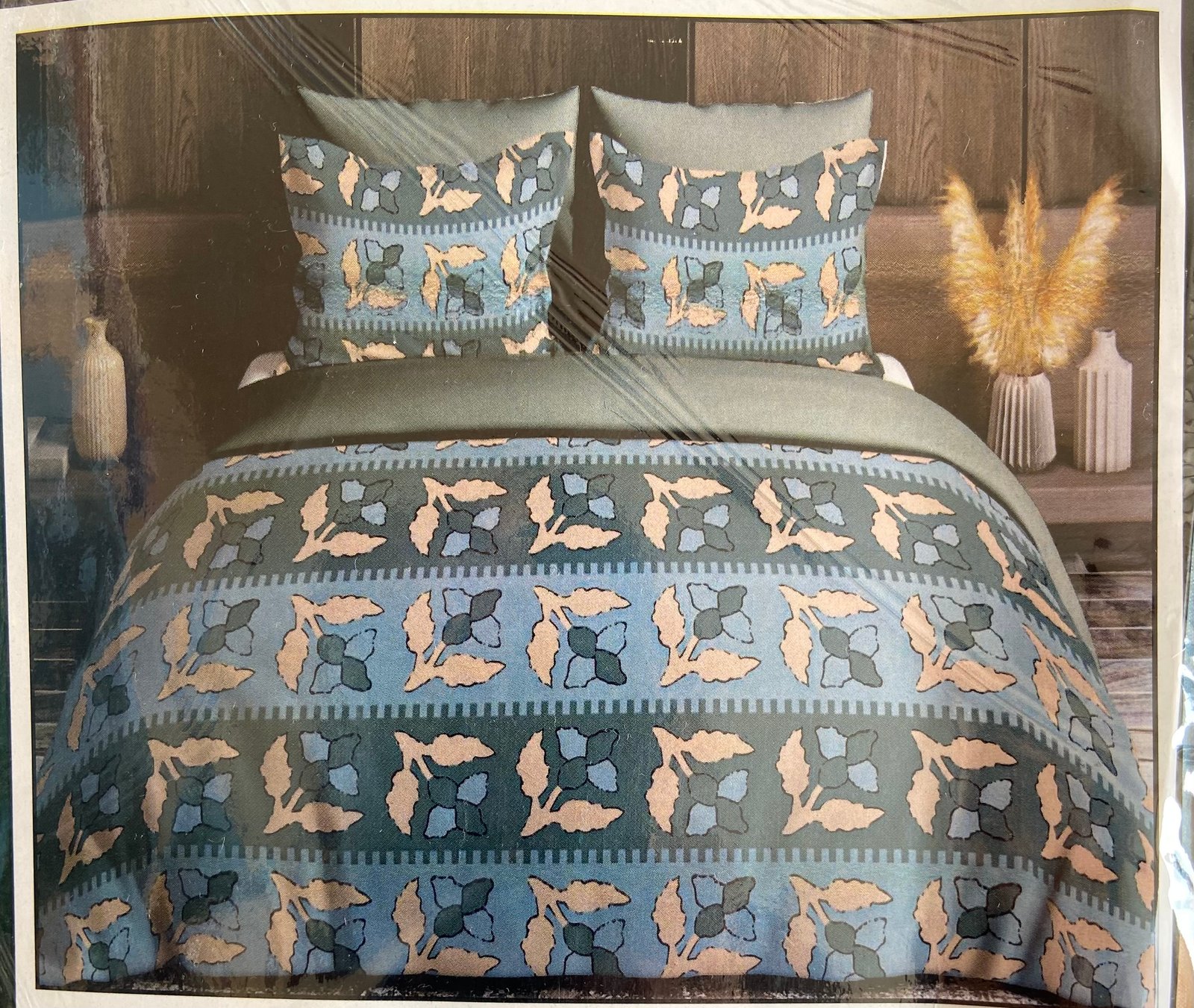 Luxury Teal with Beige Botanical Print Bedding Set | 7/8 FT | (WITH 2 PILLOW COVERS ) / HIGH QUALITY / BEST OFFER :- 1199 (3 BEDSHEETS + 6 PILLOW COVERS )
