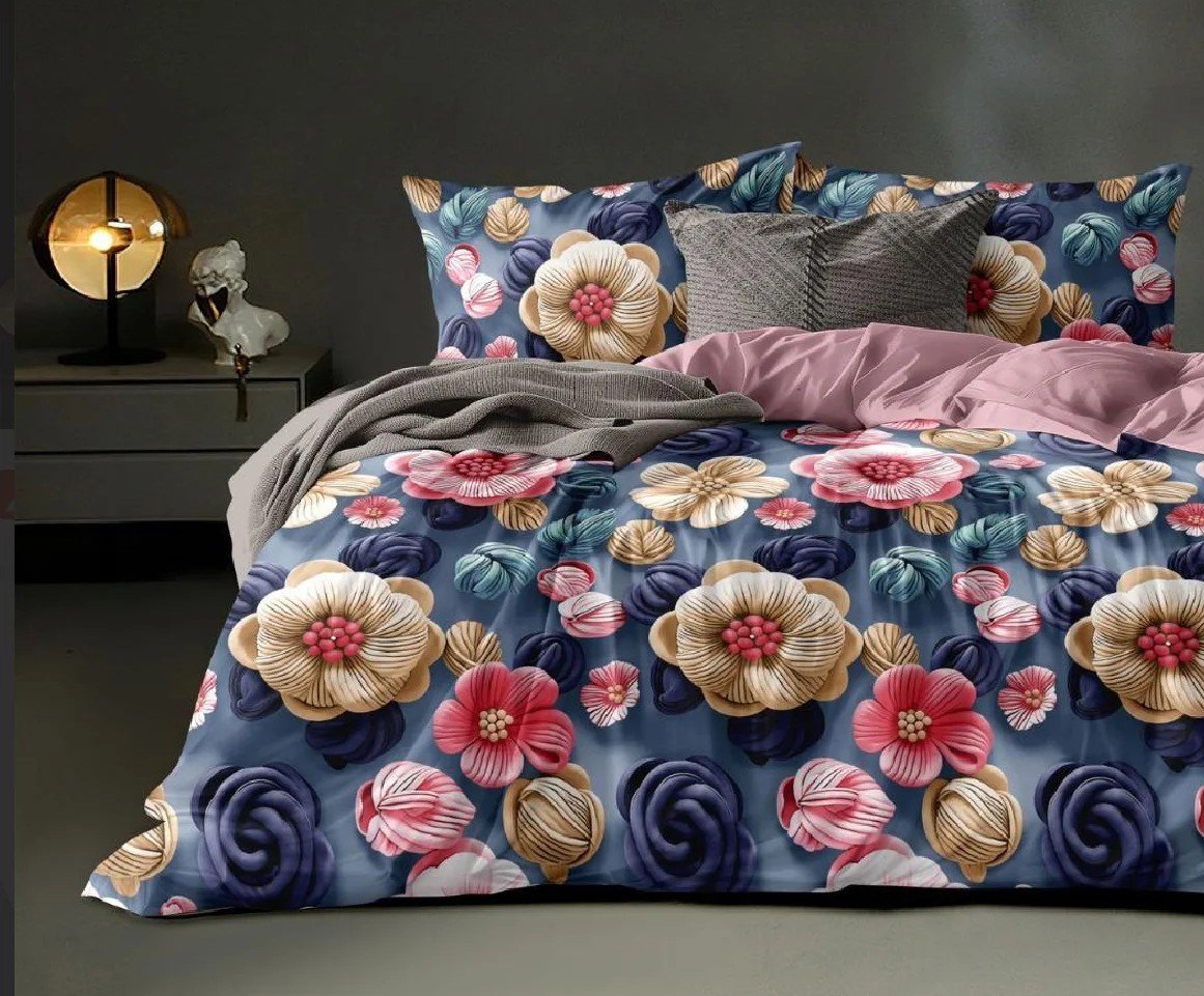 Floral Printed Bedding Set | 3D-effect floral motifs set against a rich blue backdrop| 3D Bedsheet Floral | size - 7/8 ft | with 2 - pillow covers |
